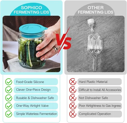 Miniatura 5 de Sophico Tapas de fermentación de silicona, tapas de fermentación sin agua con tapa de tarro Mason para pepinillos, kimchi y alimentos probióticos