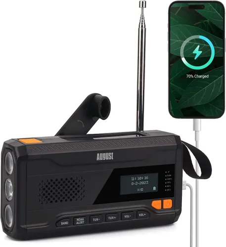 Radio de manivela de emergencia - August MB291B - Radio meteorológica portátil NOAA y banco de energía portátil AM/FM 4500mAh con carga solar,