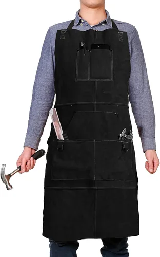 Delantal de trabajo de soldadura de cuero QeeLink con 6 bolsillos para herramientas, delantales de soldador resistentes al calor y a las llamas, 24"