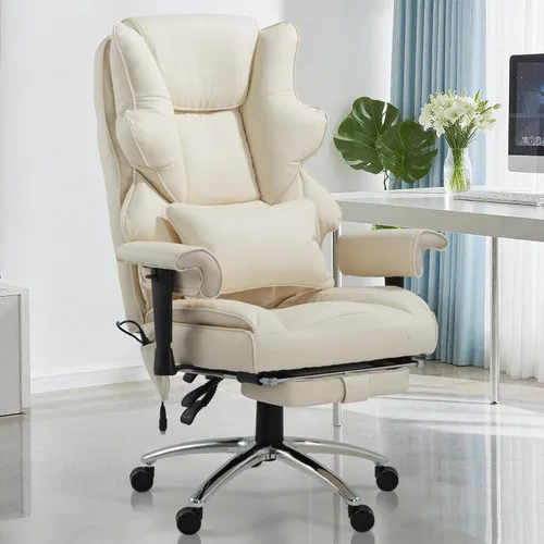 Miniatura 2 de Silla de Oficina de Masaje con Reposapiés, Silla Ejecutiva Ergonómica con Calefacción para Oficina con Respaldo Reclinable, Brazos Ajustables y Beige