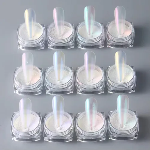 Miniatura 4 de 12 frascos de polvo de uñas cromado, perla blanca, holográfico, efecto degradado, polvo metálico aurora, polvo iridiscente perlado, polvo