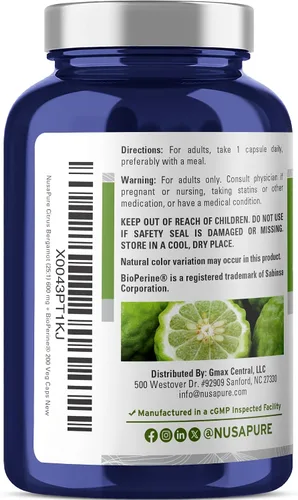 Miniatura 3 de NusaPure Cápsulas de bergamota cítrica, 600 mg, 200 cápsulas vegetales (sin OMG, veganas)