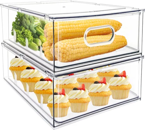 Miniatura 13 de Mano Paquete de 3 contenedores apilables extraíbles para nevera con asa, organizador transparente para almacenamiento de alimentos, caja