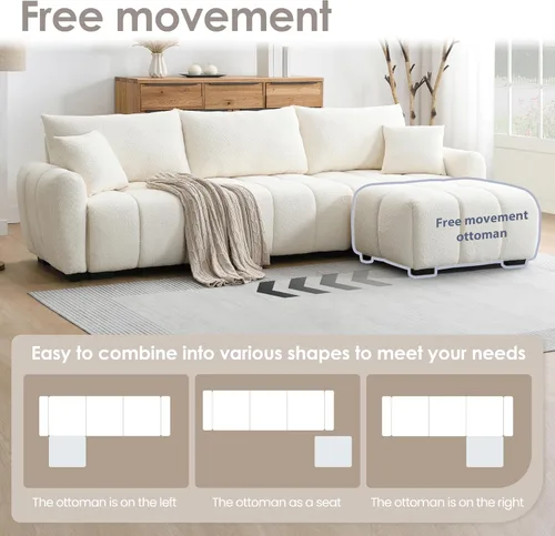 Miniatura 4 de Merax Moderno juego de sofá Boucle en forma de L con una otomana móvil y almohadas, sofá modular de 4 asientos con asiento extragrande para sala