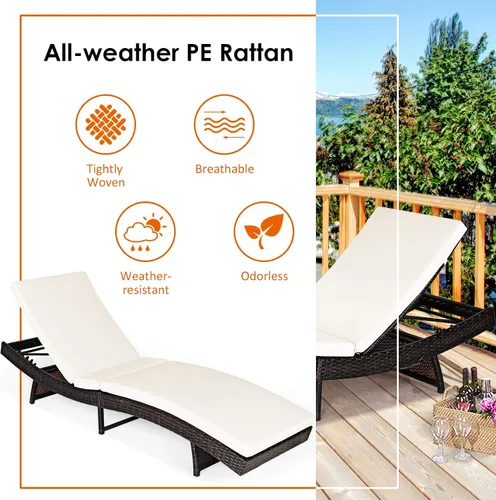 Miniatura 8 de Tangkula Tumbona para exteriores, silla de ratán para patio con cojín grueso extraíble, 5 niveles ajustables, silla de mimbre reclinable de ocio