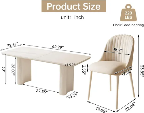 Miniatura 2 de Mesa de Comedor Rectangular de 63" con 6 Sillas, Mesa de Cocina Moderna Blanca con Juego de Sillas para Sala de Estar, Comedor y Cocina Blanco-A