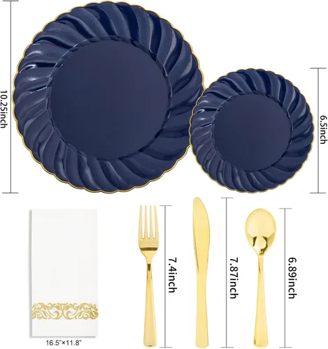 Miniatura 2 de YOUBET 150 platos de plástico azul, cubiertos de plástico dorado, platos desechables de color azul marino resistentes, incluyen 50 platos, 25