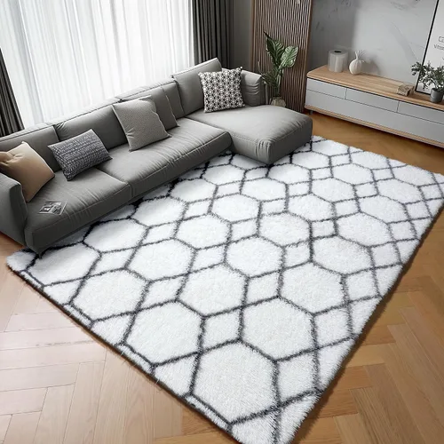 Miniatura 60 de ONASAR Alfombras de área para sala de estar y dormitorio, alfombra esponjosa lavable de 5x8 pies gris y blanca, alfombra de piso suave, afelpada