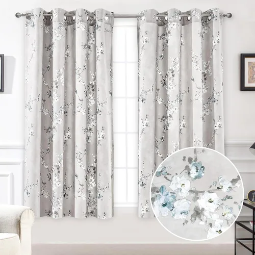 Miniatura 2 de DriftAway Cortinas florales grises para dormitorio, 63 pulgadas de largo, patrón estampado de ramas de flores azules y blancas, oscurecimiento