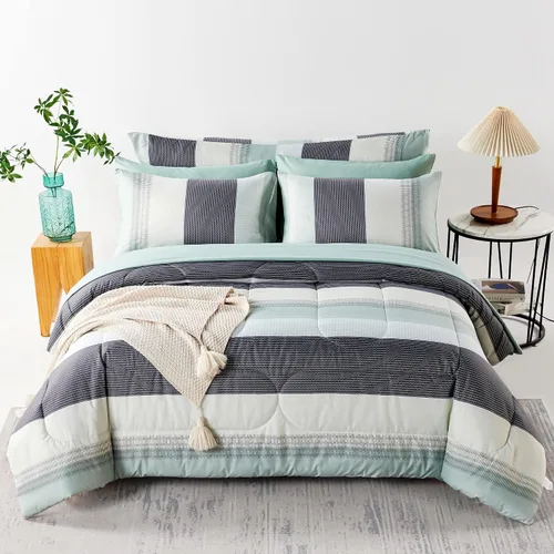 Miniatura 16 de RYNGHIPY Juego de edredón de tamaño matrimonial, color beige y gris, a rayas, para hombres y niños, juego de ropa de cama suave para todas