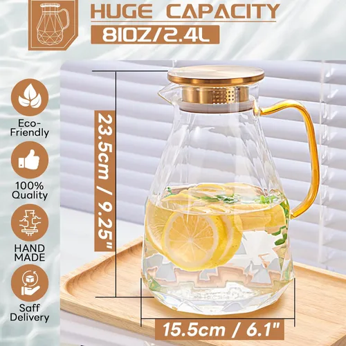 Miniatura 2 de Jarra de vidrio Yirilan, jarra de agua de 2.4 litros con tapa, jarra de té helado para nevera, jarra de agua de vidrio con tapa, jarra de agua