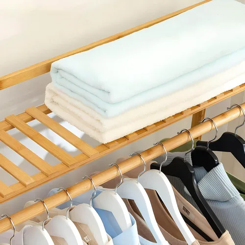 Miniatura 8 de Percheros de madera para colgar ropa, estante de ropa de bambú con estantes, organizador de armario con zapatero, para pasillo, sala de estar