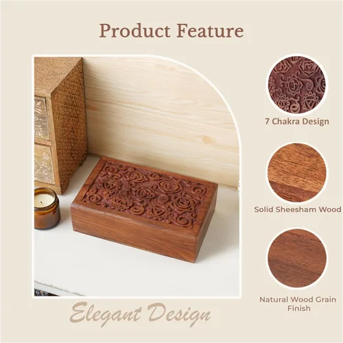 Miniatura 4 de Ajuny Joyero decorativo de madera de recuerdo de 8 pulgadas - Caja de tallado de 7 chakras para joyas, monedas, cartas de tarot, organizador