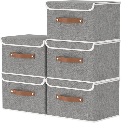 Miniatura 9 de OUTBROS Caja de almacenamiento plegable grande con tapa, organizador de armario de tela de lino, contenedores para toallas, ropa, 15 x 9.8 x 9.8