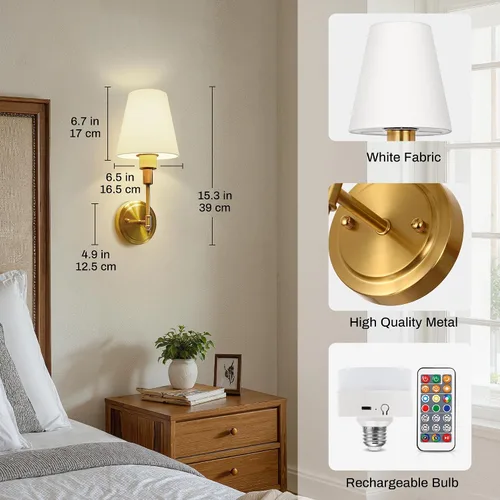 Miniatura 7 de DORESshop Juego de 2 apliques de pared a pilas, inalámbrico, fácil de instalar, regulables y ajustables, lámpara de pared recargable
