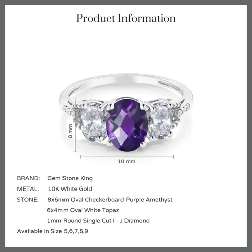 Miniatura 39 de Anillo de compromiso ovalado de oro blanco de 10 quilates con piedra natal y topacio blanco de 3 piedras con detalles de diamante Centro de 0.315