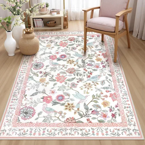 Miniatura 14 de Rugalia Alfombra de pasillo floral azul, alfombra lavable de 2 x 6 pies para pasillos, antideslizante, suave, de pelo bajo, con flores, pájaros, Rosa