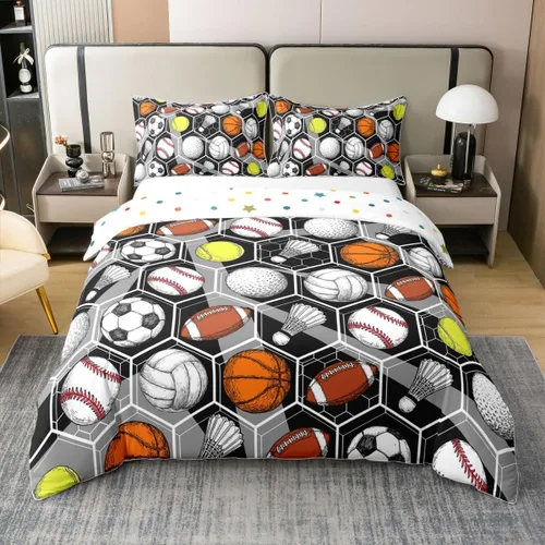 Miniatura 47 de Erosebridal - Juego de funda de edredón 100% algodón con diseño de béisbol, tamaño individual, juego de ropa de cama de sóftbol, bate deportivo