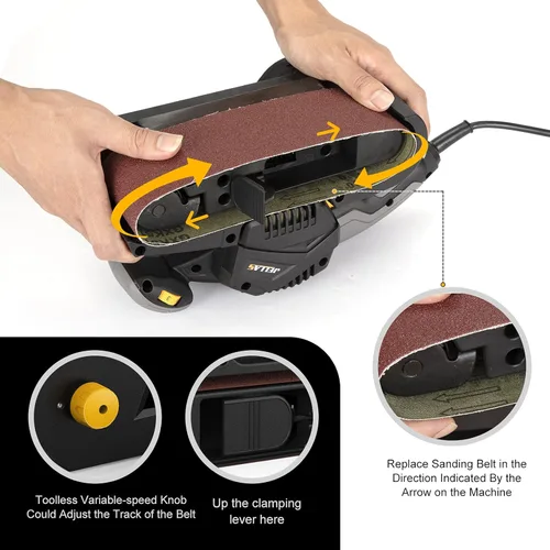 Miniatura 4 de Jellas Lijadora de banda de 3 × 21 pulgadas con bolsa para el polvo, máquina lijadora de 7 amperios con control de velocidad variable, adaptadores