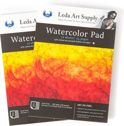 Leda Art Supply Papel de acuarela prensado en caliente, paquete de 2 (24 hojas) de 300 gm – 140 libras, 25% algodón, fino papel de acuarela de arte