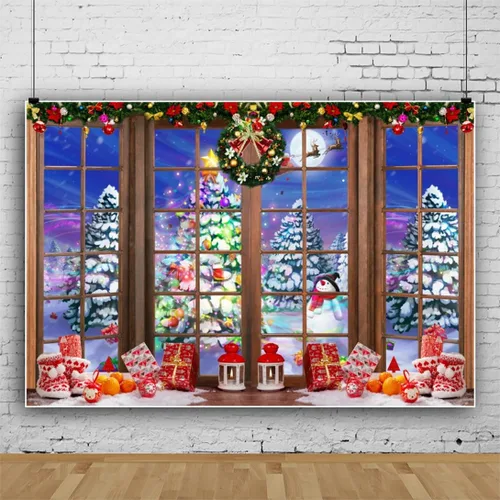 Miniatura 2 de Telón de fondo de ventana de Navidad de 5 x 3 pies para sesión de fotos, bosque de nieve de invierno, muñeco de nieve, fondo nocturno de luna llena