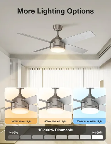 Miniatura 4 de warmiplanet Ventilador de techo con luz LED y control remoto, motor cepillado, 52 pulgadas (4 cuchillas)