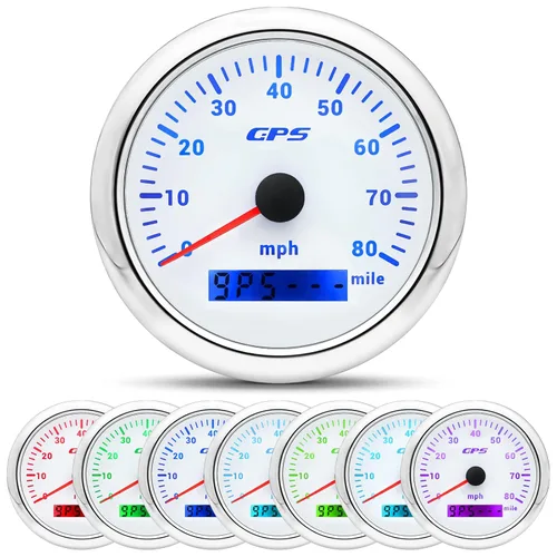 ARTILAURA Velocímetro GPS para embarcaciones de 85 mm 3-3/8" 7 Color 80 MPH, impermeable, 9-32 V para marino, automóvil, motocicleta, camión (blanco)