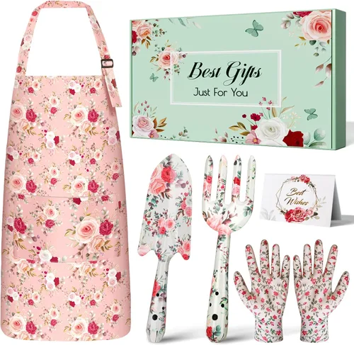 Regalos de jardinería para mujeres, suministros de jardinería, herramientas de jardín con tenedor de mano, pala, guantes, delantal, para mamá,