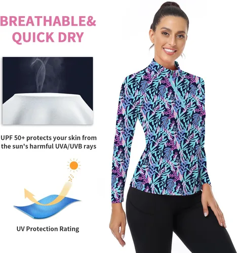 Miniatura 97 de WOWENY Camiseta deportiva de manga larga para mujer, con cremallera de un cuarto, cuello para entrenamiento, camiseta de tenis con estampado
