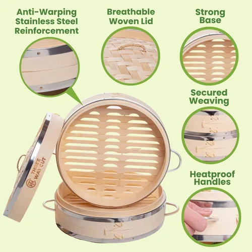 Miniatura 3 de Dumpling - Vaporera de Bambú de 10 Pulgadas, Canasta de Madera de 2 Niveles con Mango, Adaptador de Anillo, Forro de Silicona Reutilizable, Kit