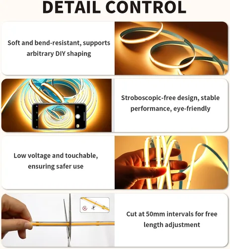 Miniatura 3 de Tira de Luces LED COB 3000K 80 pies/24M tira led blanca cálida regulable de alto lumen (2 rollos de 40 pies) Adaptador UL 24V Adhesivo Adecuado