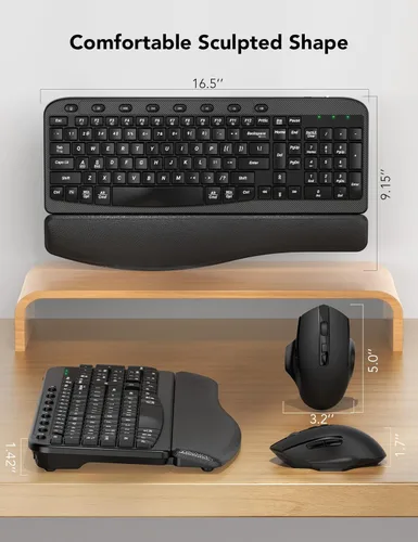 Miniatura 9 de Combo de teclado y mouse inalámbricos – Tecla de onda ergonómica, reposa muñecas de cuero suave incorporado, 2.4G de tamaño completo, 8 teclas