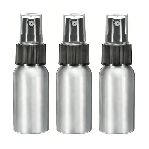 3 botellas de agua de aluminio, botella de spray de niebla fina con pulverizador de bomba negra, recipientes de atomizador de muestra vacía para