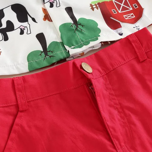 Miniatura 6 de Chloefairy Conjunto de 2 piezas de ropa de verano con estampado de vaca de manga corta con botones y pantalones cortos