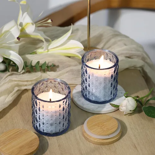 Miniatura 2 de NITIME 15 tarros de velas azules de 7.5 onzas para hacer velas, vasos de vela de vidrio con tapas de bambú y etiquetas adhesivas, recipientes