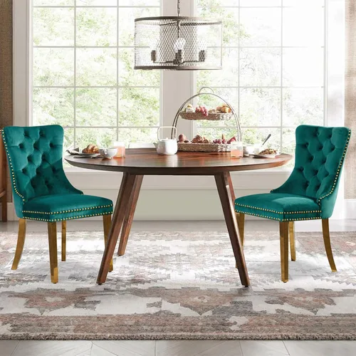Miniatura 14 de Juego de 2 sillas de comedor tapizadas de terciopelo, sillas laterales de cocina de estilo moderno con ribete de cabeza de clavo y patas de madera