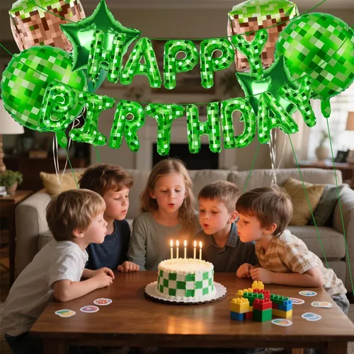 Miniatura 3 de Juego de decoraciones de fiesta de feliz cumpleaños con temática de píxeles verdes, con globos de píxeles, esenciales para fiestas temáticas
