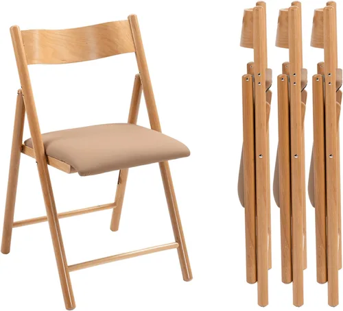 Miniatura 8 de Juego de 2 sillas plegables, sillas de comedor plegables de madera con cojín de piel sintética, paquete de 2 sillas portátiles y apilables para Caqui