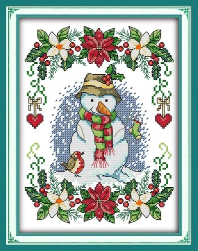 CaptainCrafts Kits de punto de cruz, telas preimpresas y no preimpresas, kit de bordado para principiantes y adultos, muñeco de nieve de Año Nuevo,