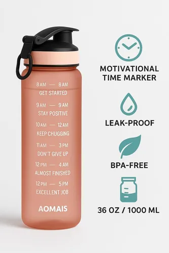Miniatura 3 de Botella de agua motivacional con marcadores de tiempo, botella deportiva sin BPA de 36 onzas, capacidad de 1 litro, diseño de seguimiento de fitness