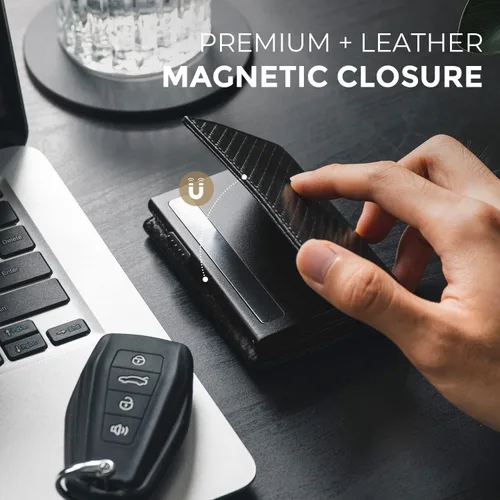 Miniatura 12 de VULKIT Cartera con tarjetero para hombre, con cierre magnético, bloqueo RFID, billetera de cuero triple, marino, Moderno