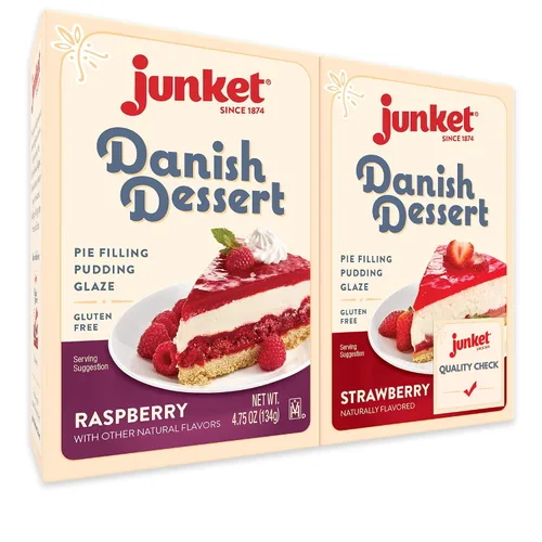 Junket Mezcla de postre danés de frambuesa y fresa, para relleno de tartas, cobertura de tarta de queso, salsas, pudines y glaseados. Añade agua,