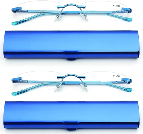 Paquete de 2 gafas de lectura compactas sin montura en caja de aluminio de tubo ligero