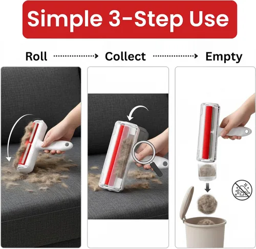 Miniatura 7 de Rodillo removedor de pelo de mascotas para perros y gatos, herramienta reutilizable para quitar pelos y pelusas con mango de fácil agarre, plástico