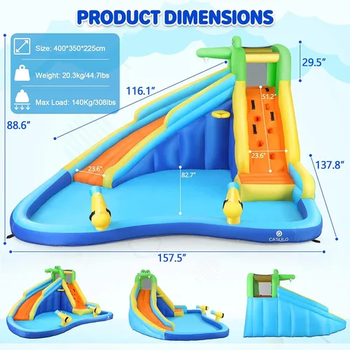 Miniatura 5 de DREAMVAN Tobogán acuático inflable, parque acuático para niños con piscina, pared de escalada, aro de baloncesto, cañón, tobogán acuático de piscina
