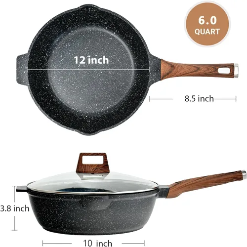 Miniatura 7 de Sartén antiadherente de 12 pulgadas con tapa y espátula, sartén jumbo de 6 cuartos de galón con boquilla de vertido, wok de chef de granito