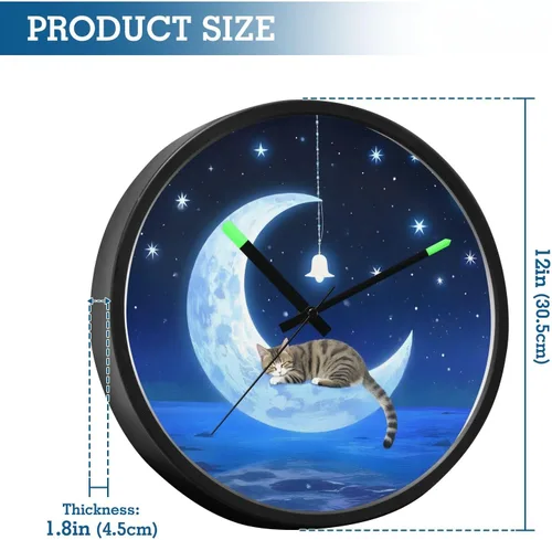 Miniatura 3 de Round Wall Clock Cat Wind Chimes 12 Inch Non-Ticking Silent Modern Decor Clock for Home Office