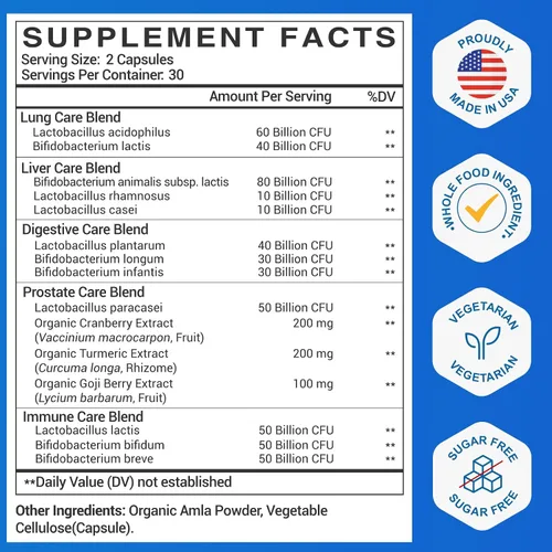 Miniatura 2 de Probióticos para hombres, 500 mil millones de UFC y 12 probióticos para hombre para la salud digestiva + 4 fibras prebióticas orgánicas
