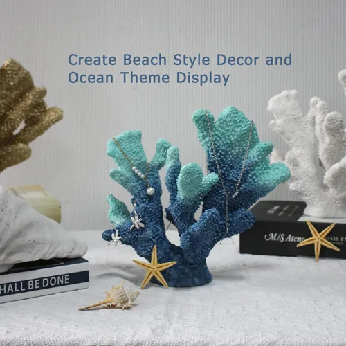Miniatura 2 de Decoración de coral azul, estatua artificial de arrecife de coral, decoración náutica de mesa para sala de estar y hogar (7.8 pulgadas de alto)