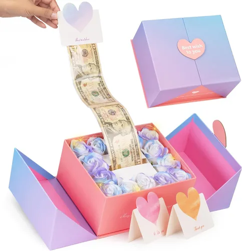 Miniatura 9 de Caja de dinero para regalo en efectivo - Caja de regalo de flores de lujo con tirador de dinero y tapa con flor y lazo, caja de regalo única